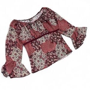 Y2K Studio Y Boho Off Shoulder Bell Sleeve Babydoll Top B30